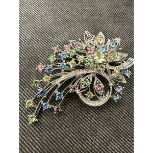 Large FiAurora Borealis Rhinestone Silver Tone Brooch Pendant 3” Stunning Color